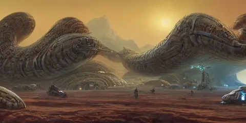 ”scifi Alien Landscape with a Massive Sandworm Attacking a Caravan