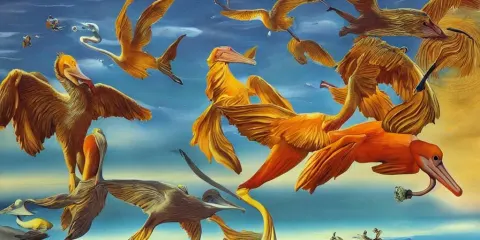 Floating Goldfish Pelicans and a Human Couple in an Alien Landscape