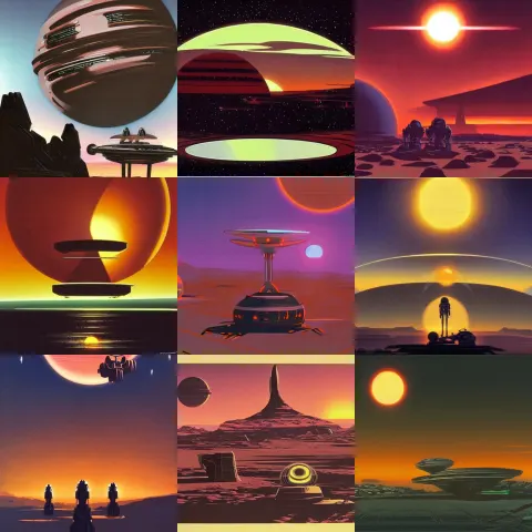 Extraterrestrial Landscape with Alien City at a Sunset with Two Suns