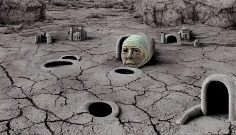 Levitating Group of Bene Gesserit Reflecting Mask in a Dry Rocky Desert Landscape