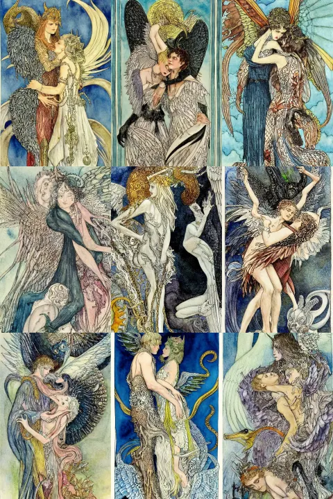 Closeup of Devil and Angel Embracing