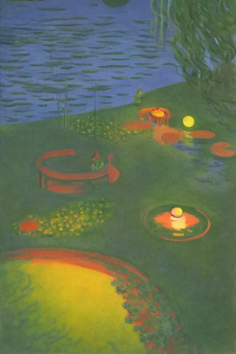 Cinematic Aerial View of Decorated Surrealist Lake Garden at Night