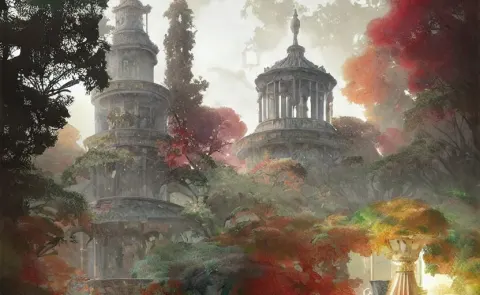 Neoclassical Tower with Dome on the Forest Next to a Fountain