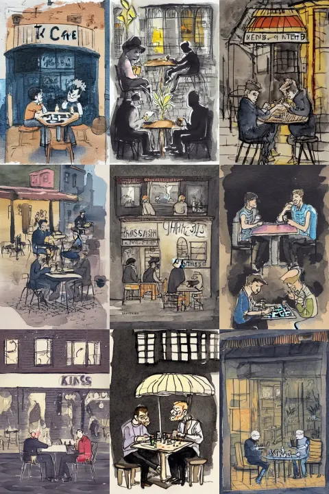 Ink and Watercolor Illustration of Two Men Sitting Outside a Café at Night