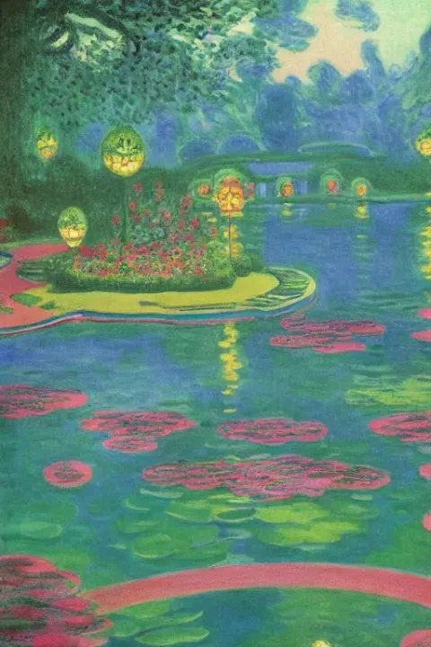 Cinematic Aerial View of Decorated Surrealist Mansion Lake Garden at Night