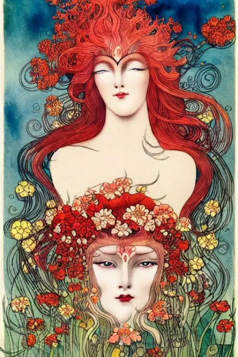 Realistic Face of Nature Goddess with Red Hair with Flowers and Flames Growing Around