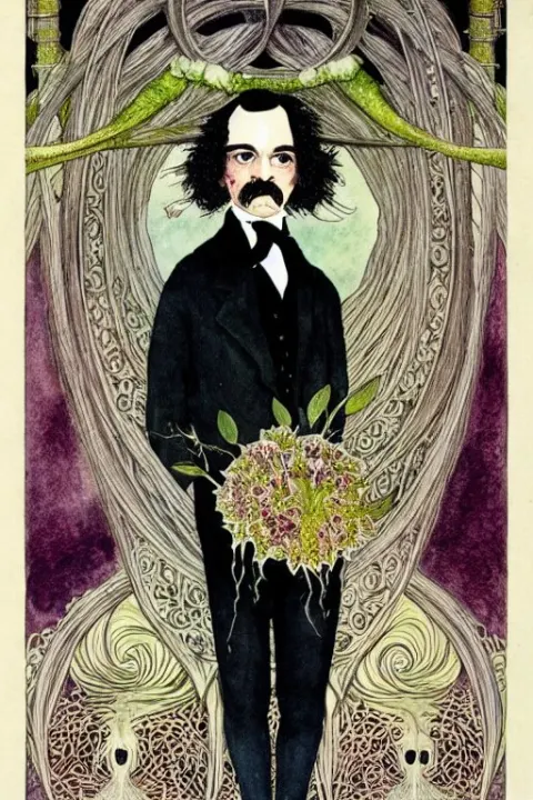 Realistic Portrait of Edgar Allen Poe in the Center of an Ornate Orchid Flower Frame
