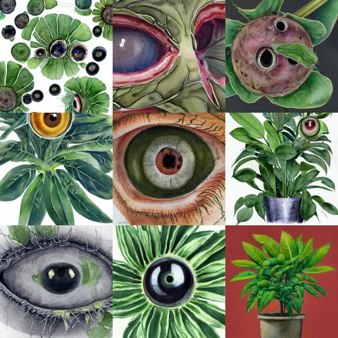Potted Plant Growing Human Eyeballs at the End of its Numerous Stalks