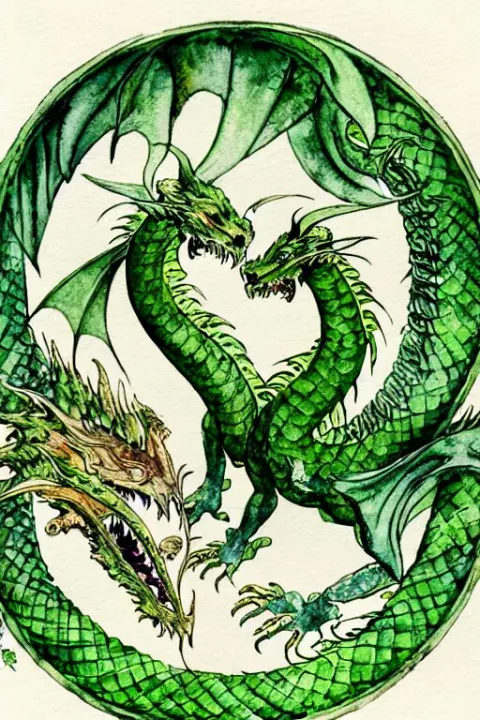 Green Dragon Watercolor Painting in the Center of a Circular Frame of Leaves