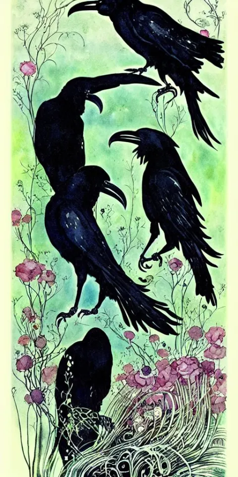 Floral Frame with Ravens Peeking Through Art