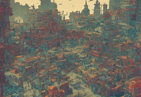 Handmade Illustration of an Archetypical Old West City