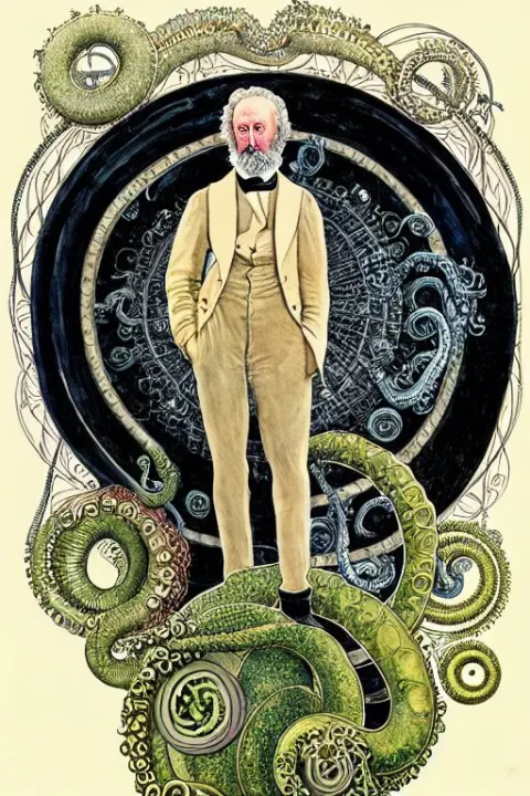 Realistic Portrait of Jules Verne in the Center of an Ornate Tentacle Frame with Orchids