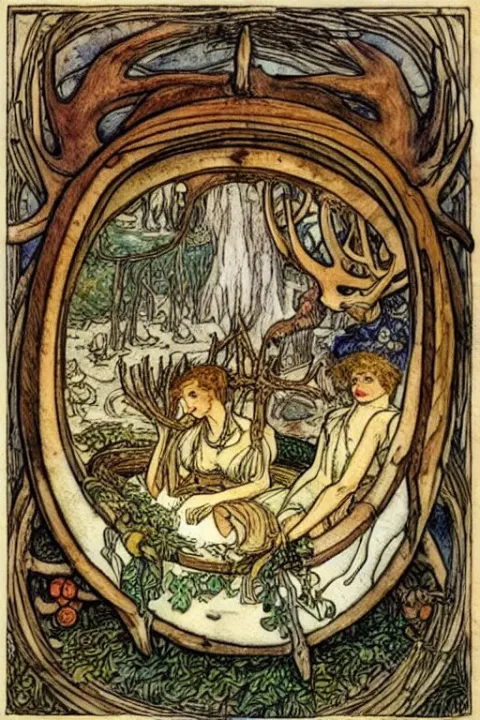 Frothy Wooden Wine Barrel in the Center of a Frame Made of Antlers and Coins