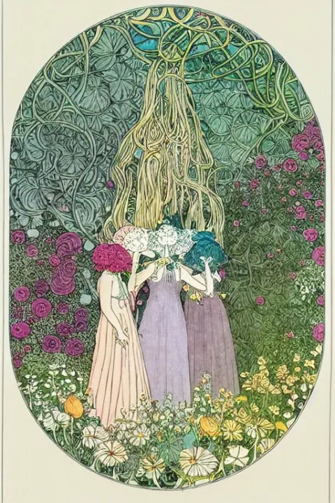 Three Women Holding Hands in a Circle with Flowers Growing Around