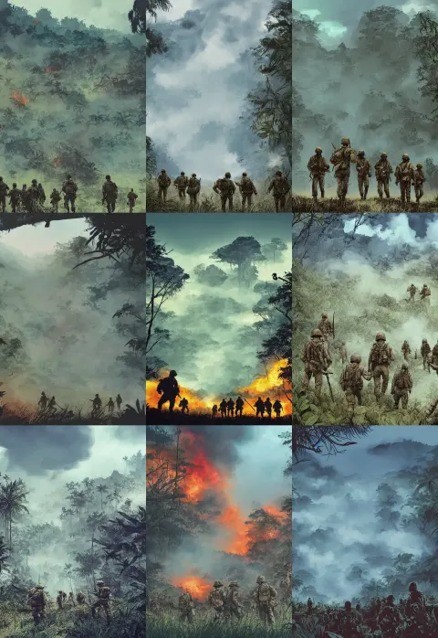 Handmade Illustration of an Epic Vietnam War Scene with a Few American Soldiers Walking