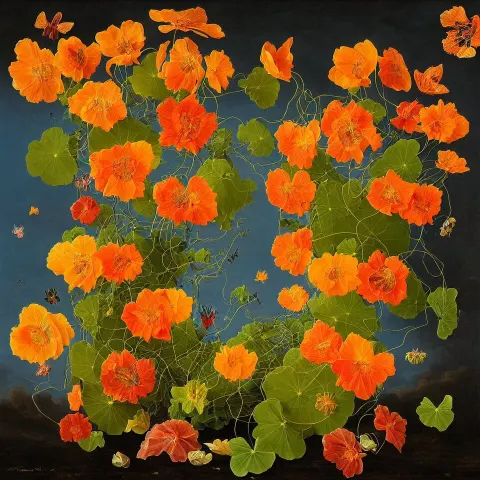 Dutch Golden Age Bizarre Nasturtium Portrait Still Life with Many Vines