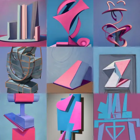 Stylized Abstract Sculpture on Top of a Blue Book with a Pink Gray Background