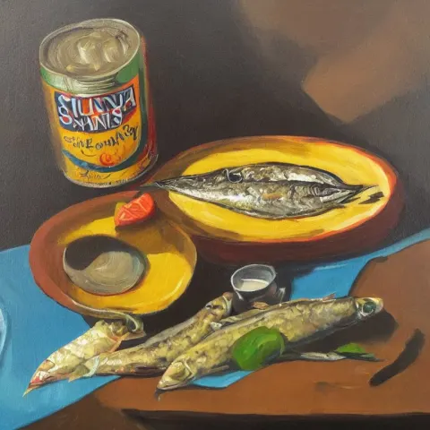 Surreal Still Life Light Oil Painting of a Can of Sardines Ona Table