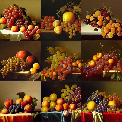 Painting of Fruits on a Velvet Fabric on a Table : Red