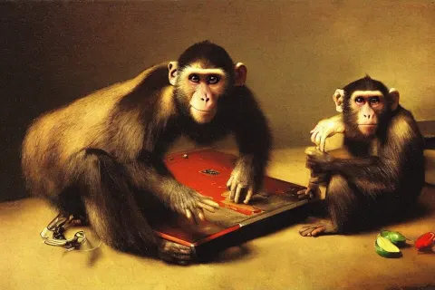 Beautiful Still Life Painting of an Akai Mpc-60 and a Monkey