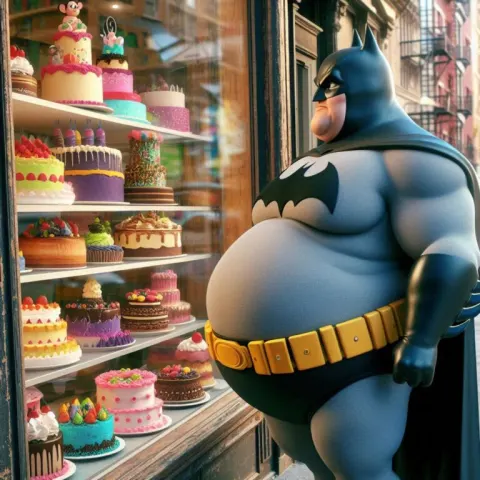 Overweight Batman at Cake Shop