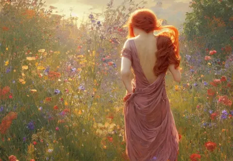 Woman Seen from Behind from Far Away with Copper Hair and a Flowing Sundress Surrounded