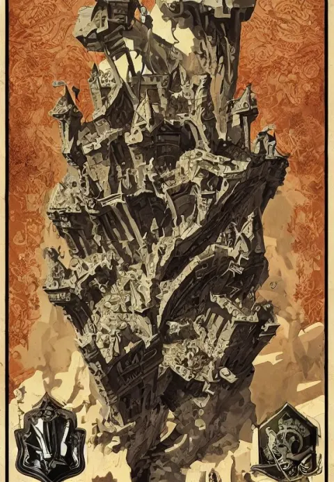 Art Nouveau Poster of a Bunker Adorned with Gargoyles and Checkered Flags
