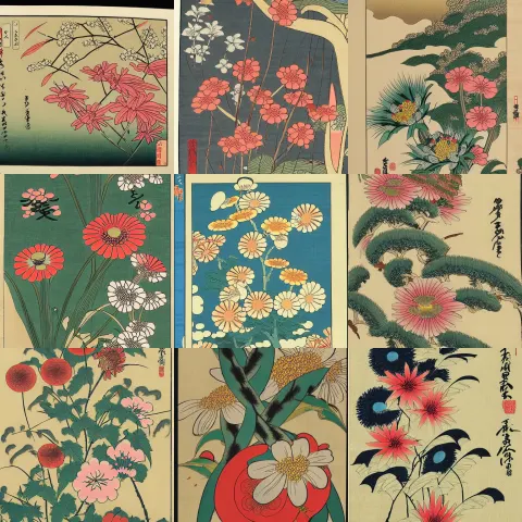 Beautifully Detailed Ukiyo-e Print of Japanese Wildflowers