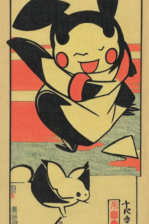 Pikachu Pokemon Japanese Ukiyo-e Ukiyo-ye Woodblock Print