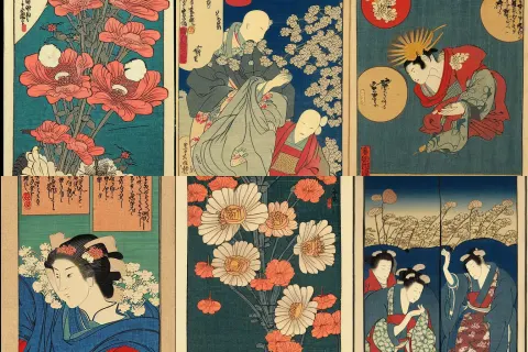 Renaissance Flower Painting as an Ukiyo-e Woodblock Print in the Style of Hiroshige