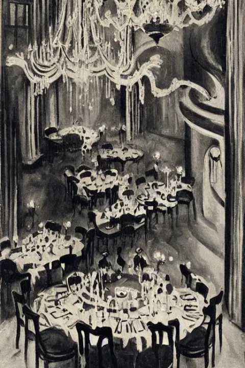 1920s Cinematic Aerial View of Decorated Surrealist Dining Hall