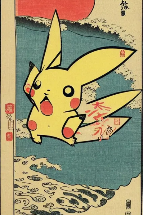 Surfing Pikachu Japanese Ukiyo-e Ukiyo-ye Woodblock Print