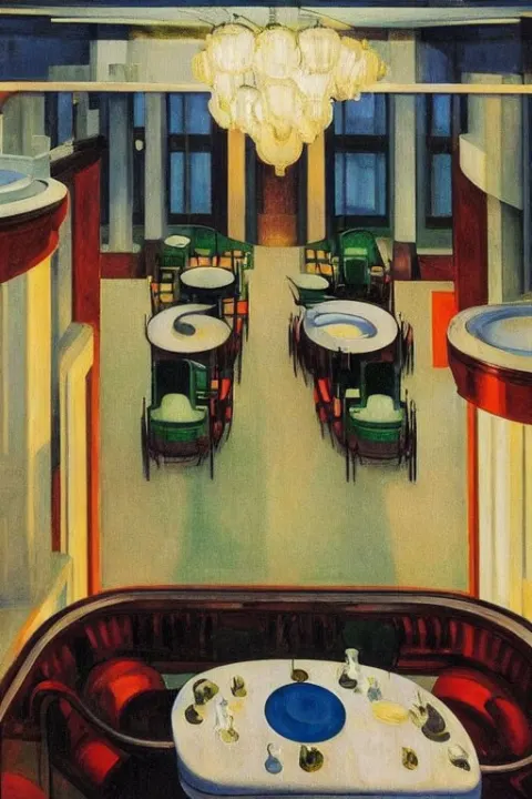 1920s Cinematic Aerial View of Decorated Surrealist Art Deco Dining Hall