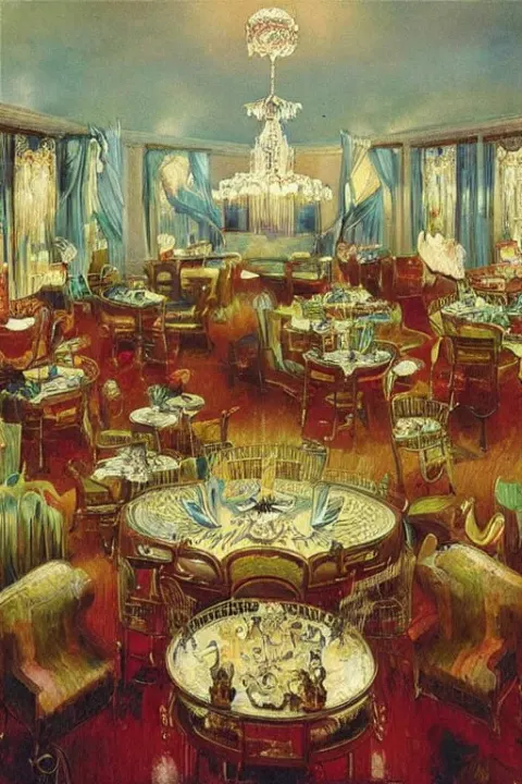 1920s Cinematic Aerial View of Decorated Surrealist Ballroom