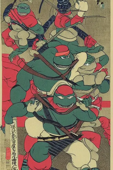 Teenage Mutant Ninja Turtles in Japanese Ukiyo-e Ukiyo-ye Woodblock Print