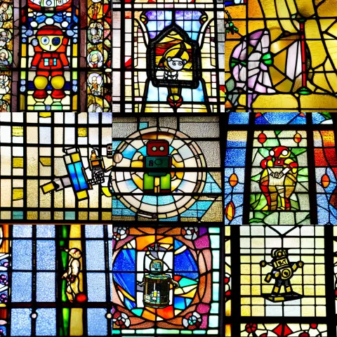 Cute Little Robot Diving Through a Stained Glass Window