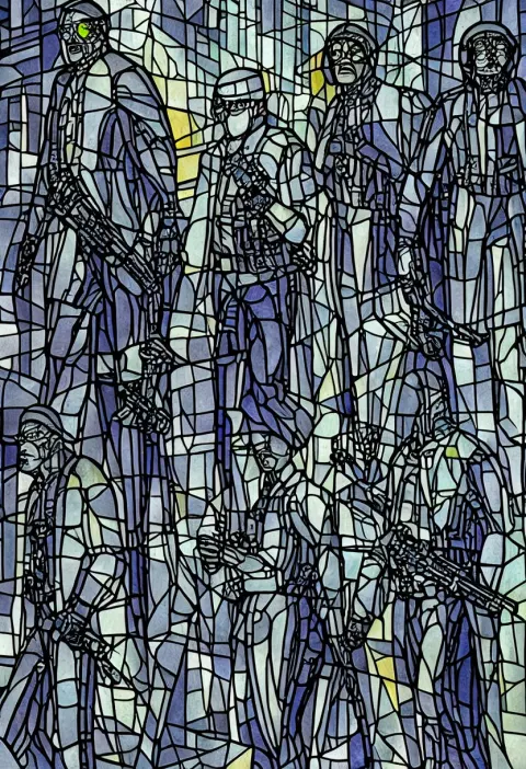 Portrait of Three Huge Gray Policemen Marching in the Foreground