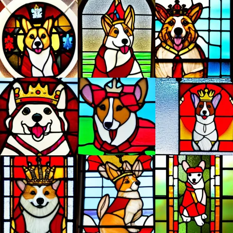Stained Glass Window of a Corgi with a Crown and Red Robes