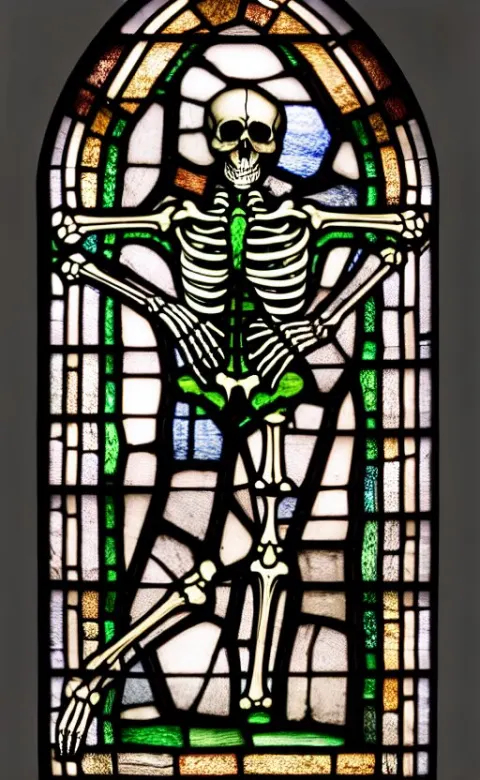 Medieval Stained Glass Window Depicting a Skeleton