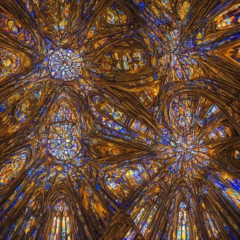 Looking Up in a Cathedral Full of Stained Glass Windows