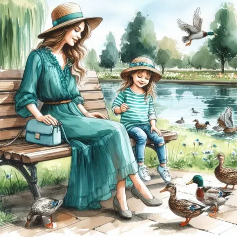 Mother and Daughter by Pond Painting
