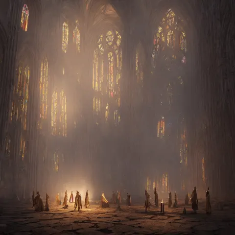 Photorealistic Strange Dark Monks Perform a Ritual in a Ruined Cathedral