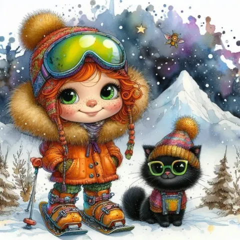 Whimsical Girl and Cat Skiing