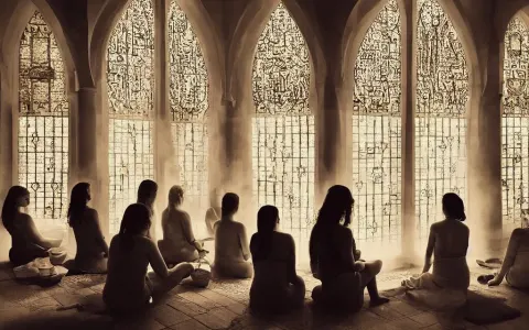 “ Women Sitting in a Hammam Bathhouse with Sheer Drapes and Arch Slit Windows