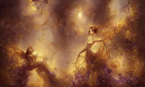 Breathtaking Detailed Soft Painting of a Fairy with Fire Amethyst Wings and Golden Ribbons
