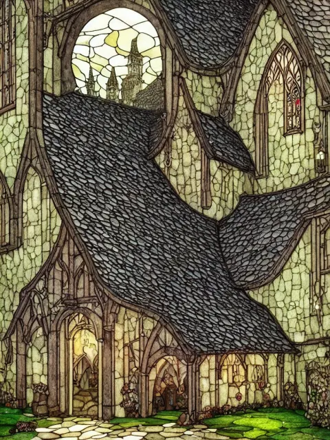 Arched Medieval Tavern Stained Glass Window Exterior
