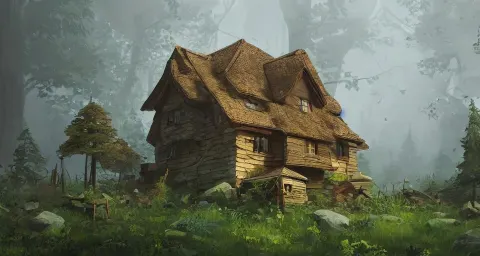 Painting of a House in the Middle of a Forest