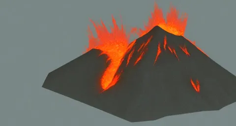 Low Poly Unity Render of a Volcano with Glowing Orange Lava Rolling Down the Side of It