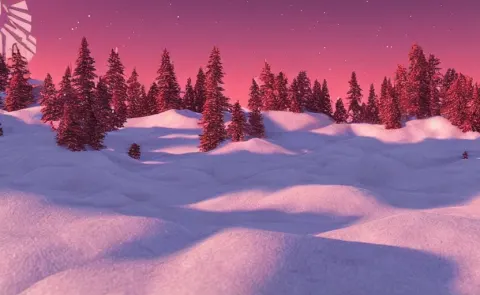 Detailed Tundra Landscape with Giant Red Low-poly Structures Floating in the Sky