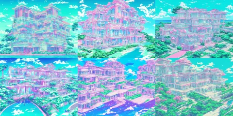 Vaporwave Style Mansion with an Ocean View in the Background